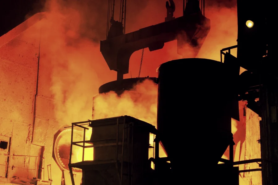Casting ladle in a steel shop during metals processing